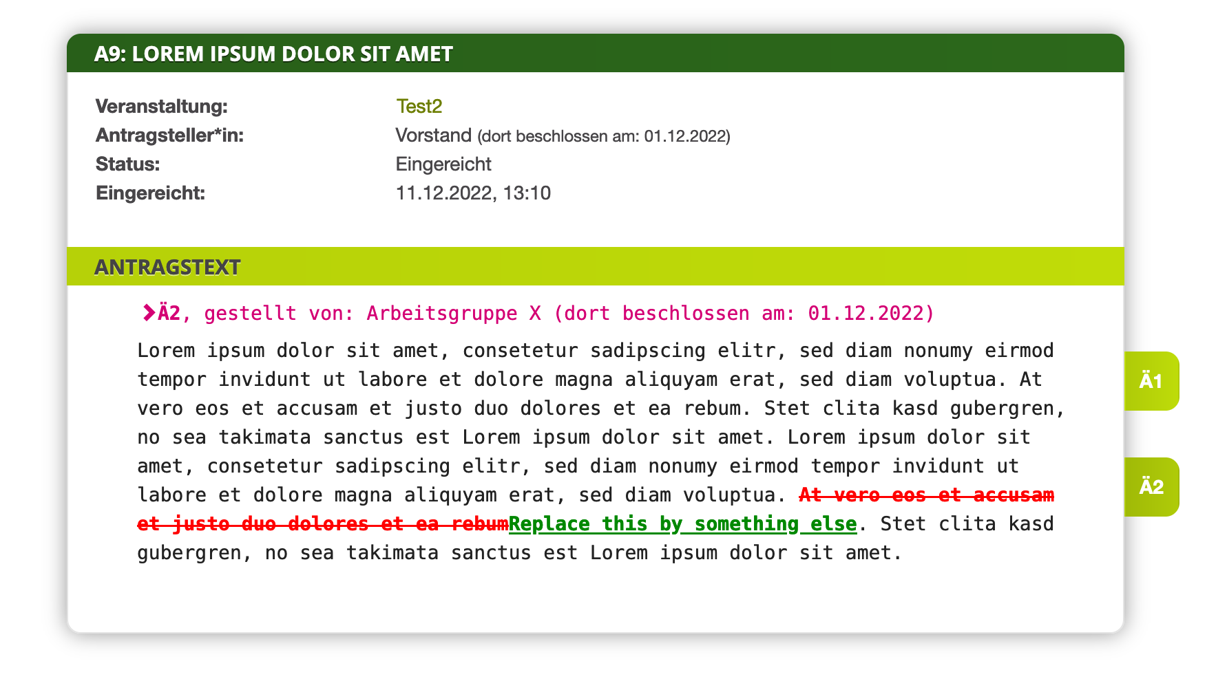 Screenshot eines Änderungsantrags